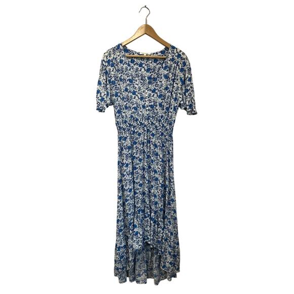 Abel The Label Blue White Floral Midi Dress L Wrap V Neck Cottagecore Boho - Picture 2 of 8
